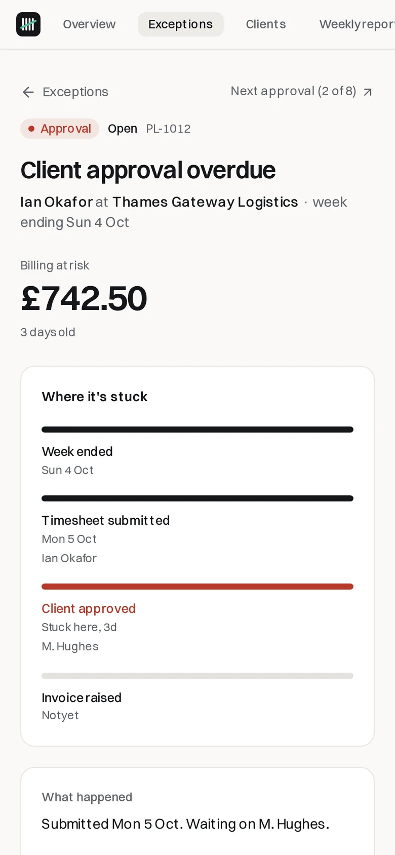 Cleartally on a phone, showing an exception that needs client approval